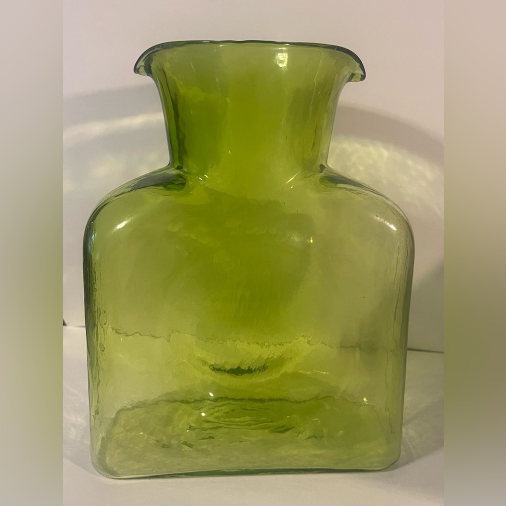 Blenko Glass Green Water Bottle 8" Double Spout made in USA